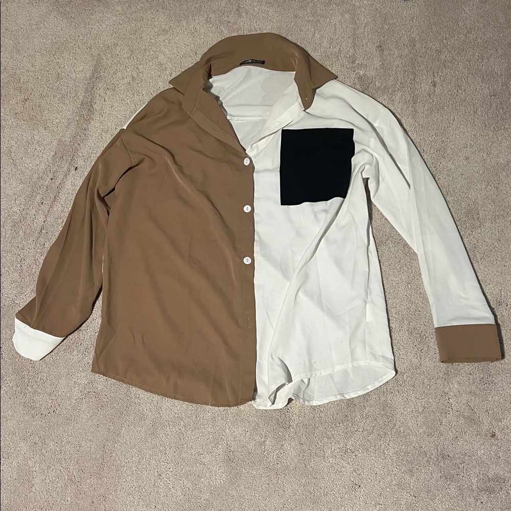 size medium shein tan color block button up blouse
